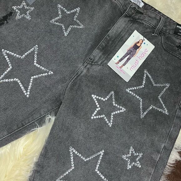 Simple Society super high rise rhinestone/ distressed faded black denim sz 17/33 - Picture 2 of 7